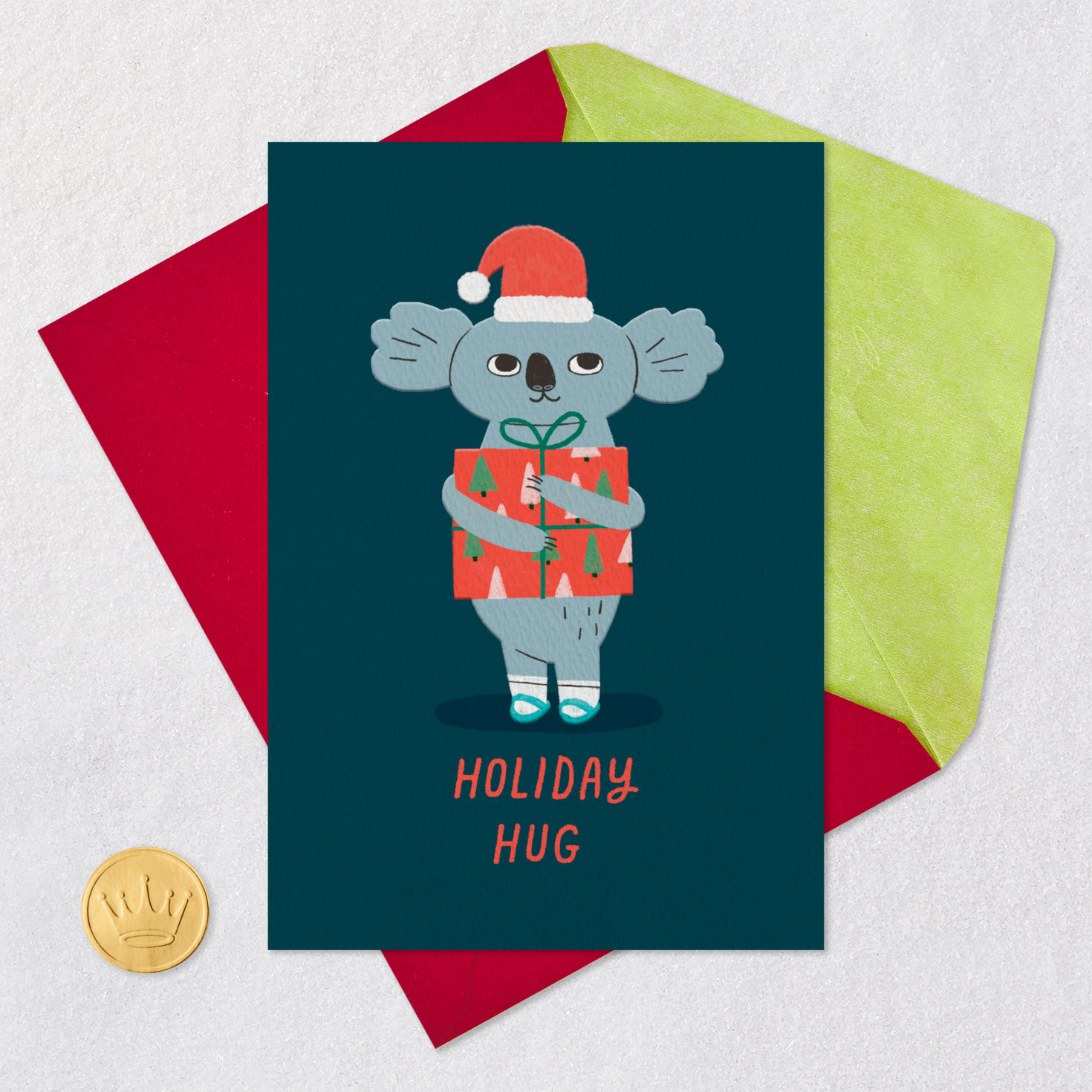 Koala Santa Hat Christmas Card Card Front with Envelope and Gold Seal image number 5