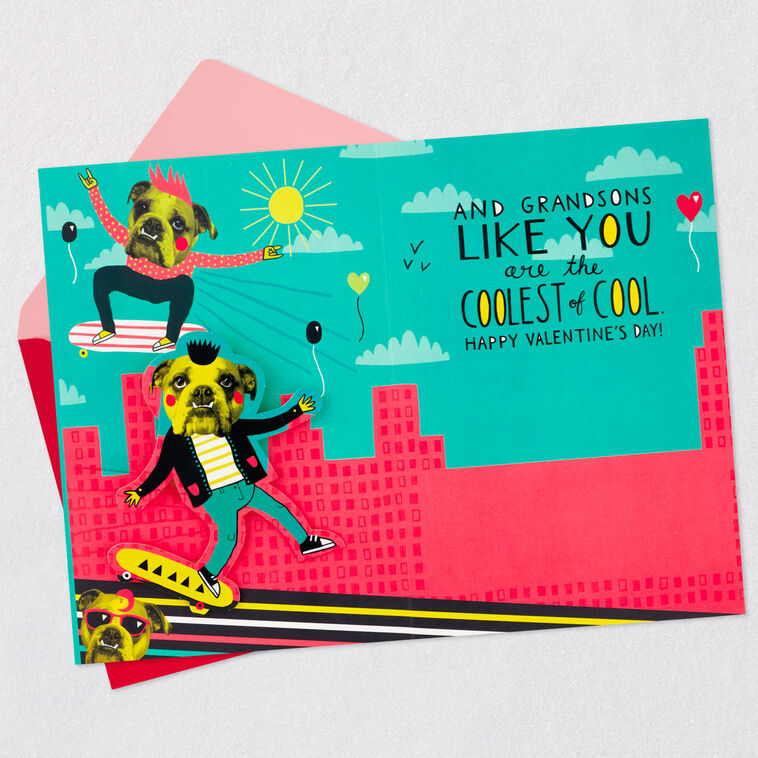 Skateboarding Dog Grandson Valentine's Day Card Open card with envelope image number 2