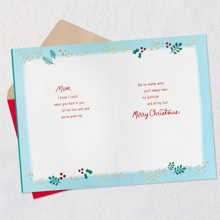 Gold Holly Leaves and Greenery Mom Christmas Card From Son Open card with envelope image number 4