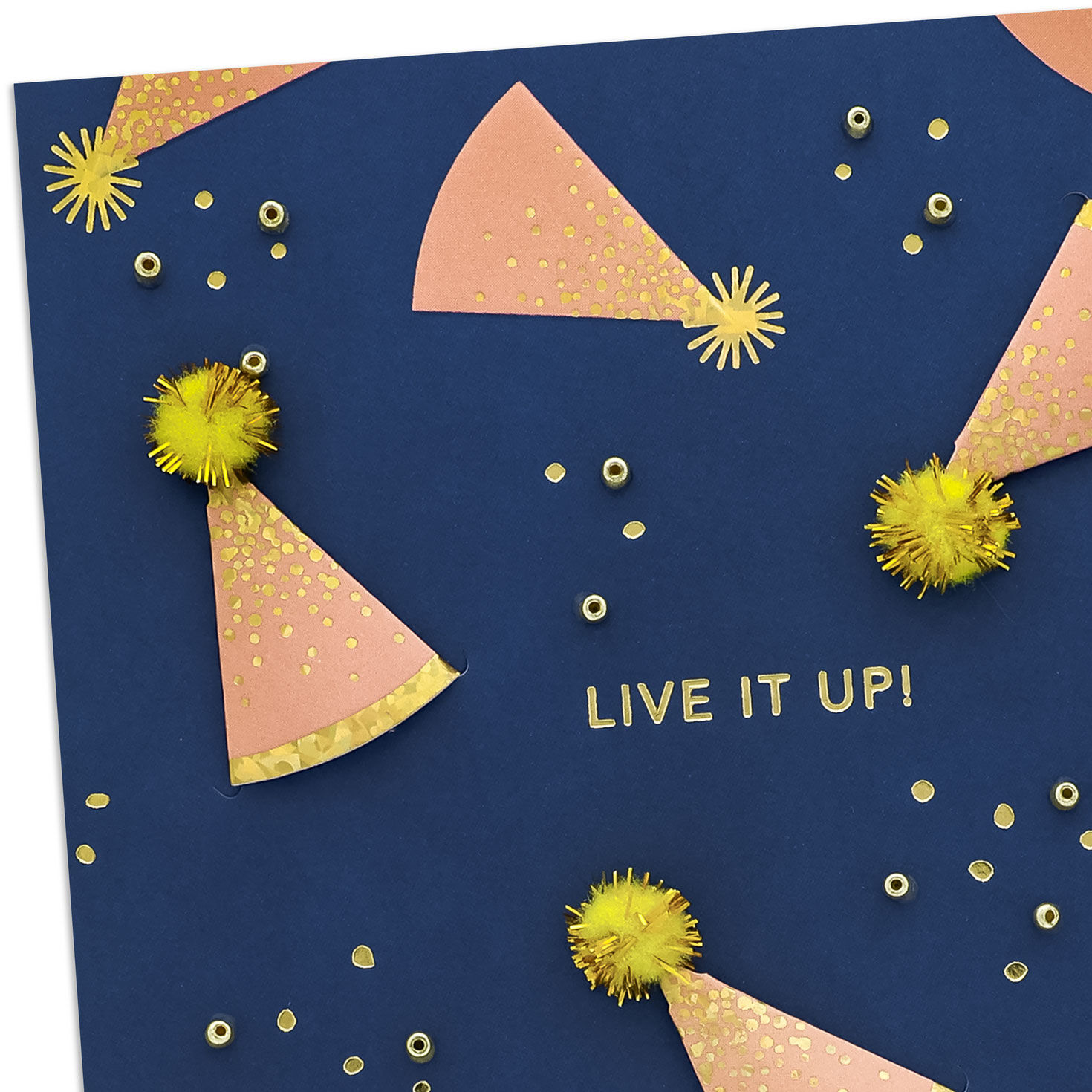 Pink and Gold Party Hats on Blue Birthday Card Card Front Detail image number 4