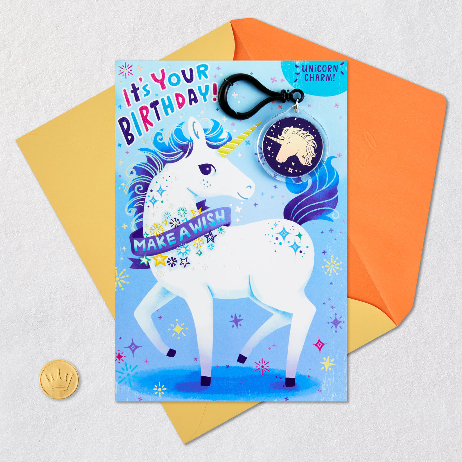 Kids Birthday Card With Unicorn Backpack Clip Card Front with Envelope and Gold Seal image number 6