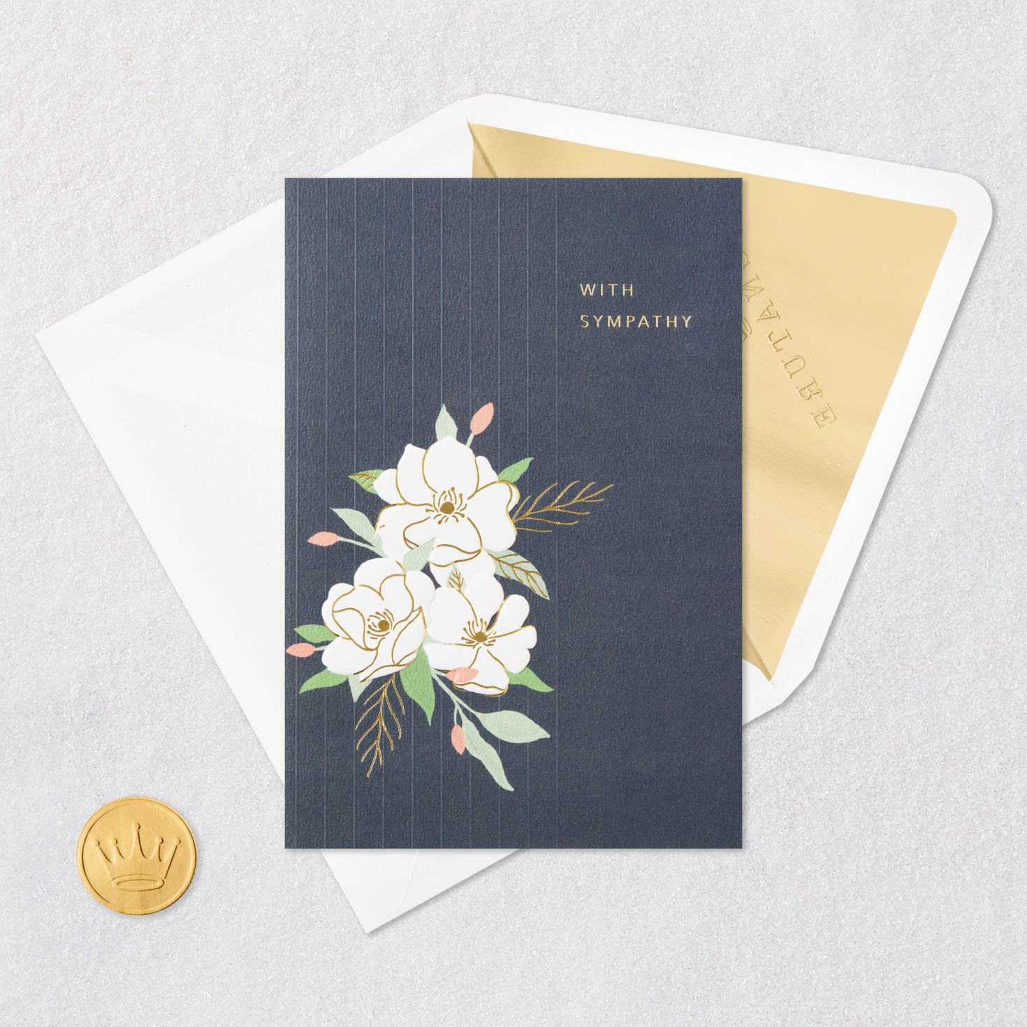 White Magnolias on Gray Sympathy Card Card Front with Envelope and Gold Seal image number 5