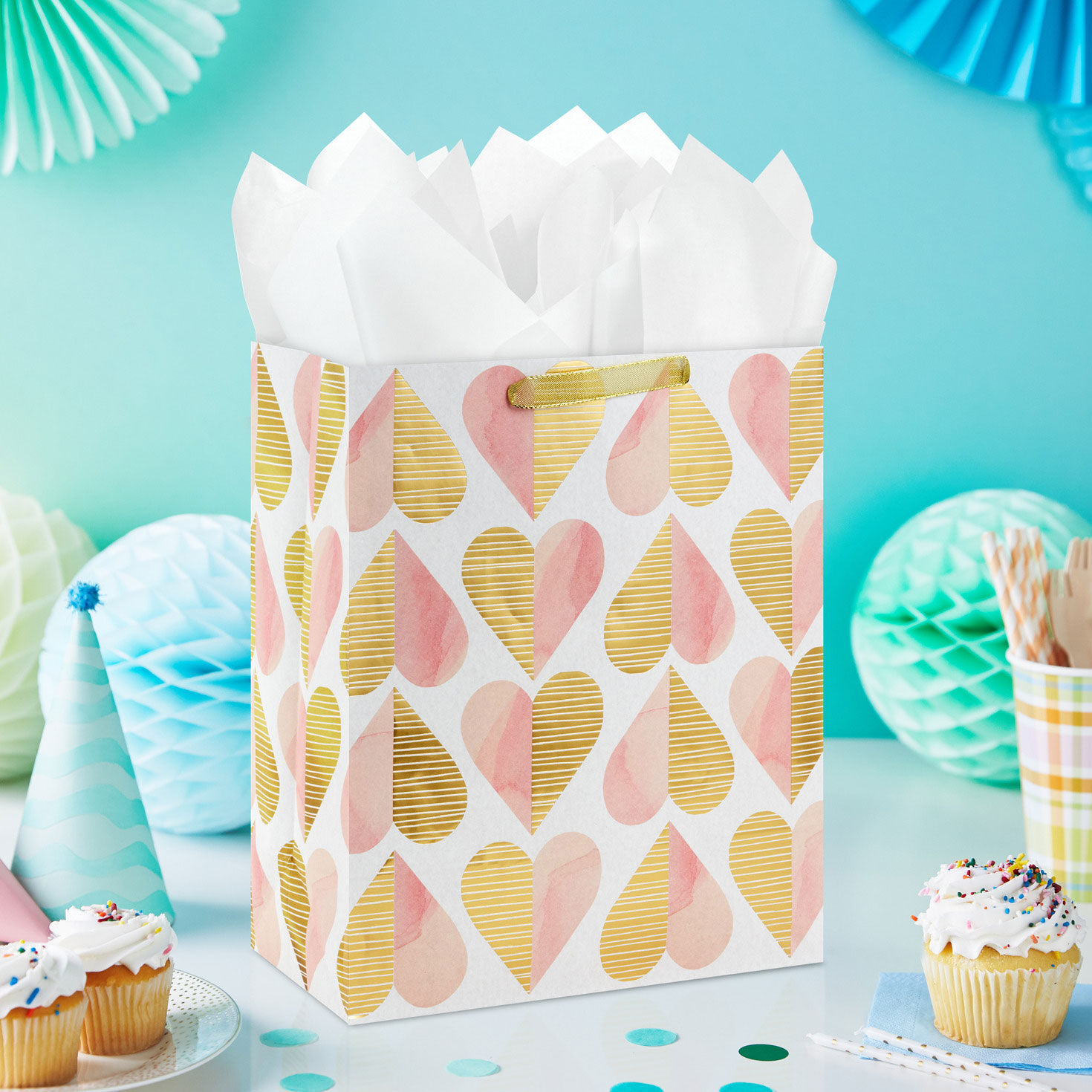 Pink and Gold Hearts on White Large Gift Bag In use image number 2