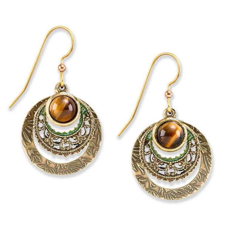 Silver Forest Tiger Eye Stone Gold Metal Drop Earrings