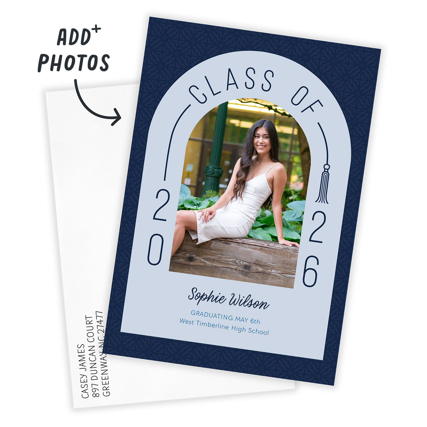 Blue on Blue Arch Personalized Grad Announcement Card Front indicating personalization image number 2