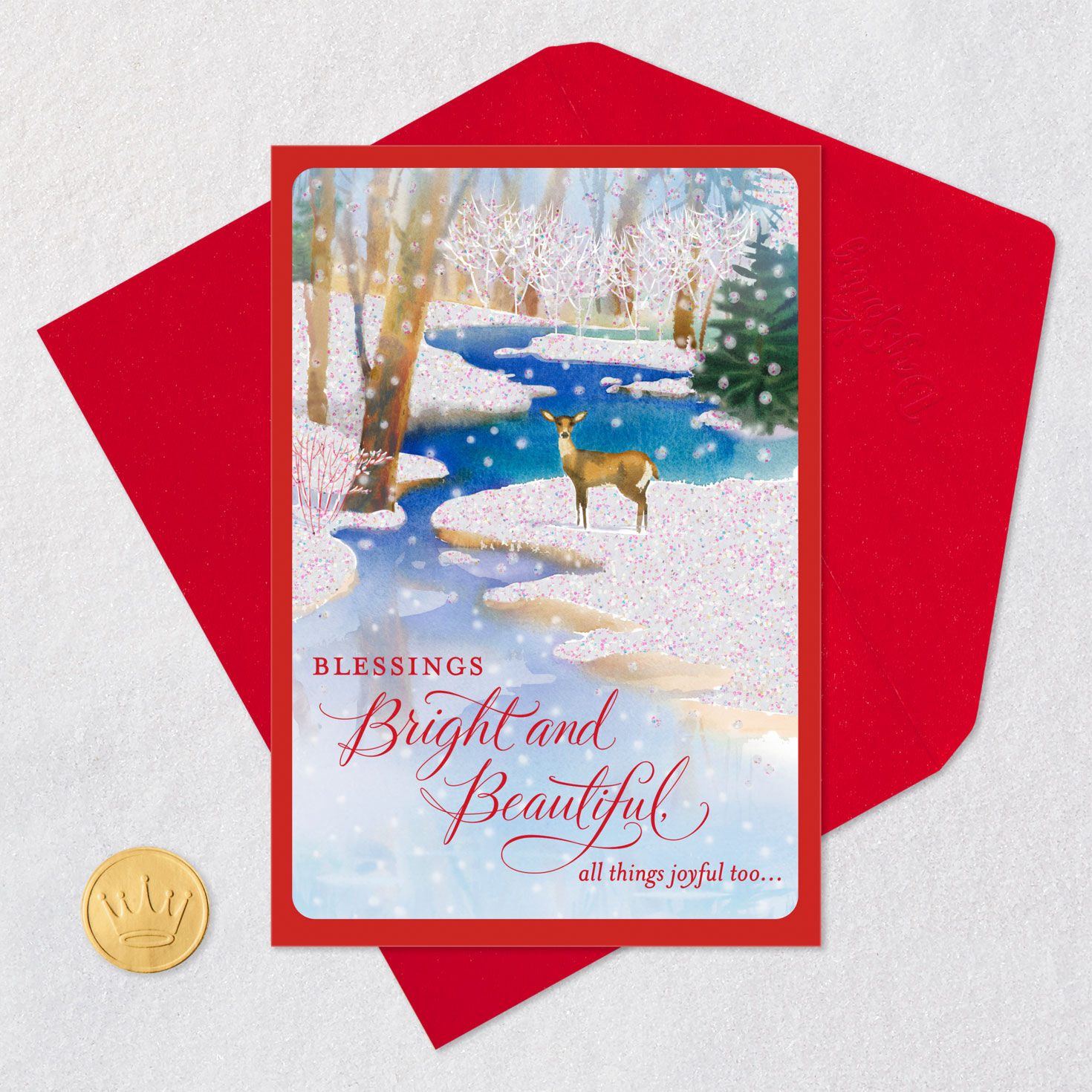 Snowy Deer in Stream Christmas Card Card Front with Envelope and Gold Seal image number 5