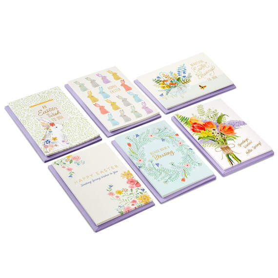 Vibrant Flowers and Bunnies Assorted Boxed Easter Cards, Pack of 36
