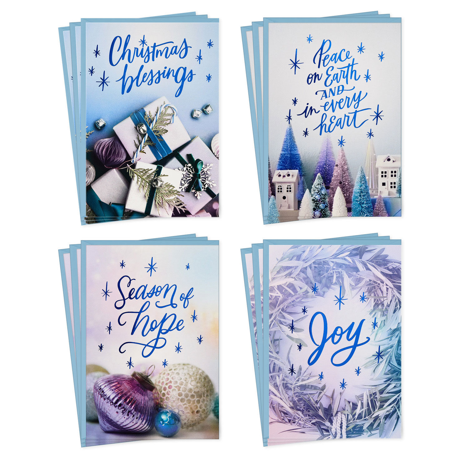 Blue Foil Blessings and Hope Assorted Christmas Cards, Box of 12