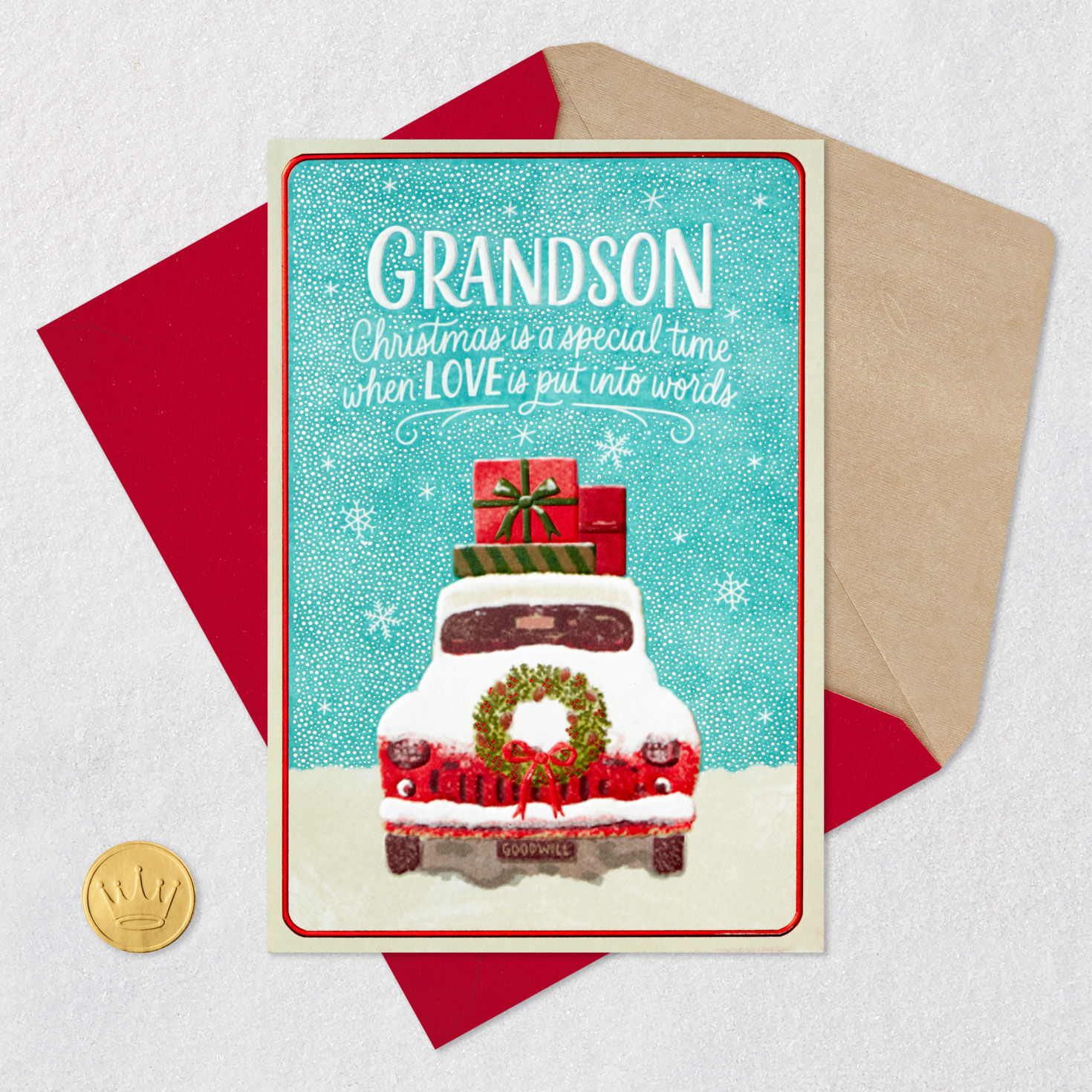 Vintage Car Christmas Card for Grandson Card Front with Envelope and Gold Seal image number 6