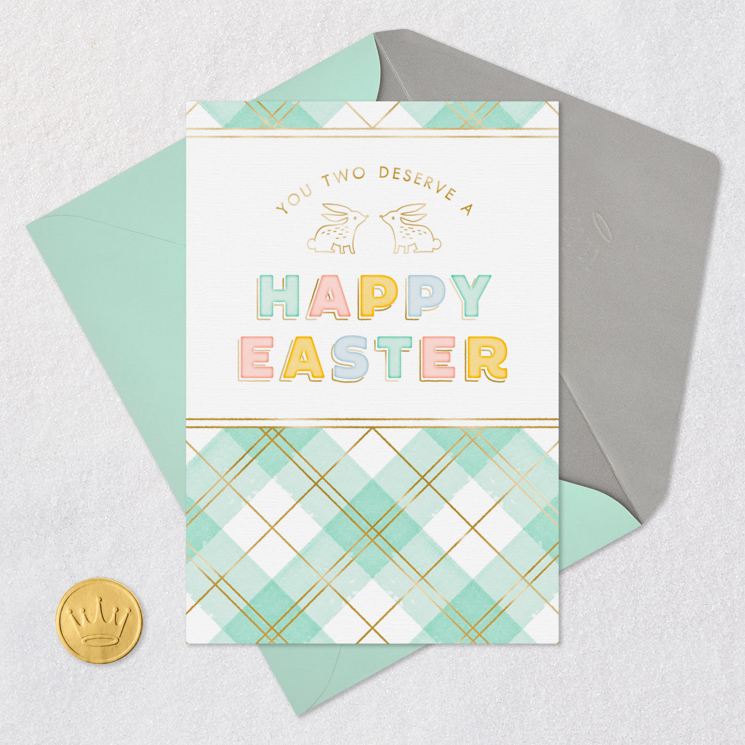 Two Bunnies and Green Plaid Easter Card for Couple Card Front with Envelope and Gold Seal image number 5