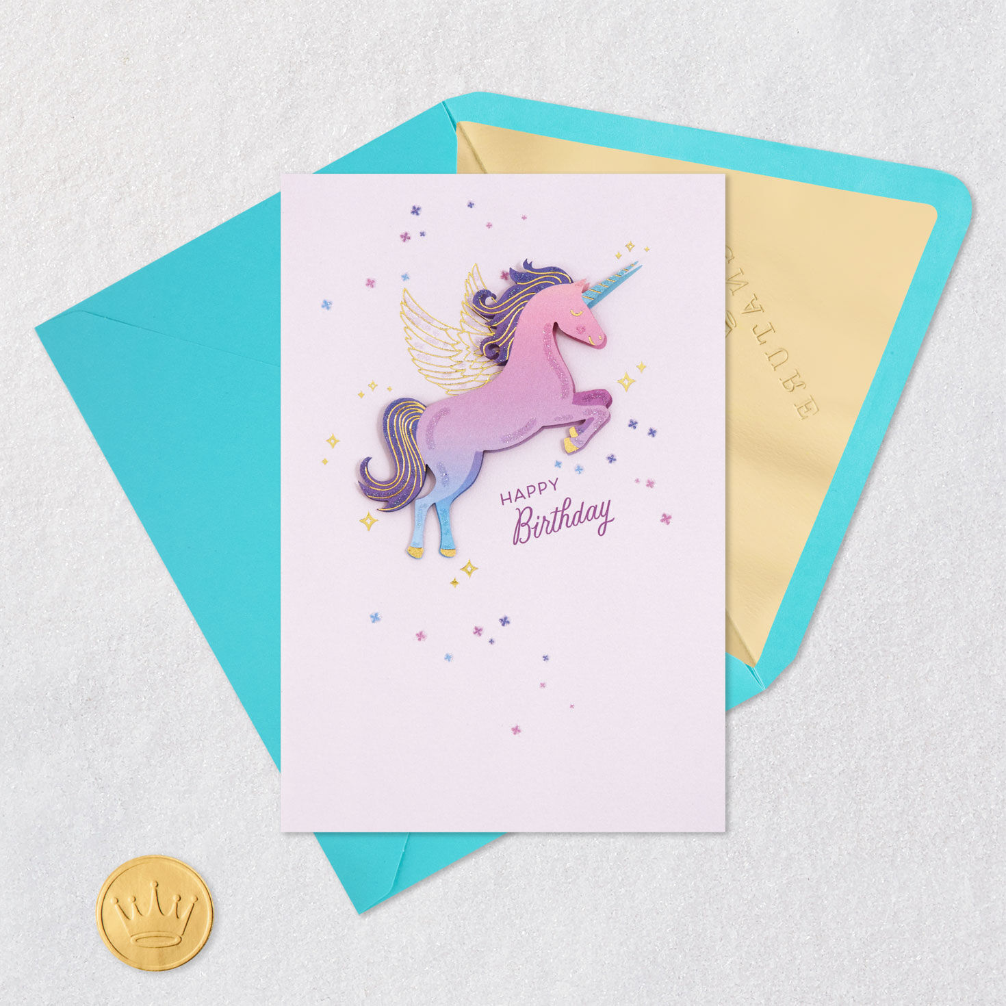 Pink Unicorn Birthday Card for Kids Card Front with Envelope and Gold Seal image number 5