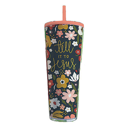 Mary Square Tell It to Jesus Blue Floral Tumbler With Lid, 