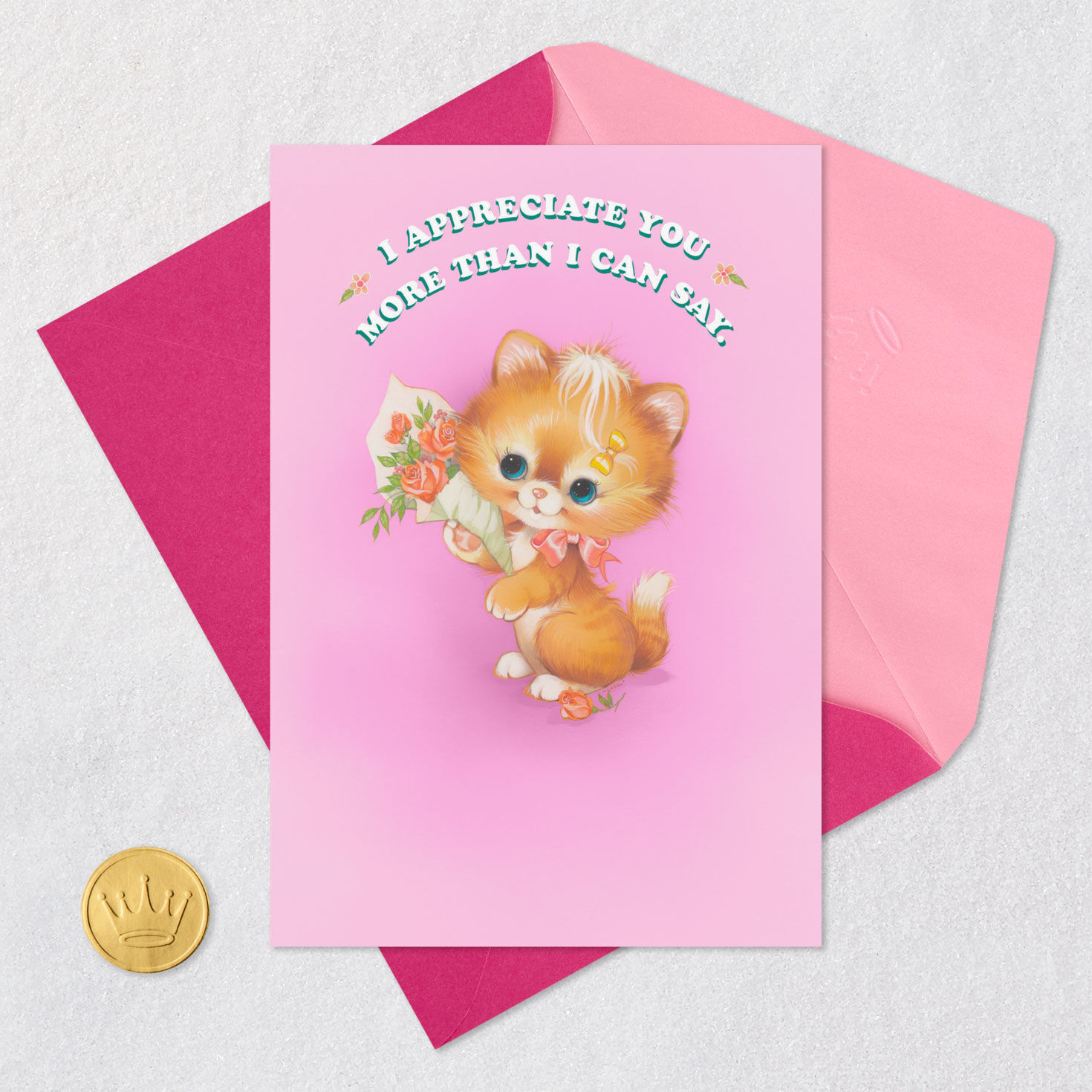 Cute Cat With Flowers Funny Thank You Card for Her Card Front with Envelope and Gold Seal image number 6