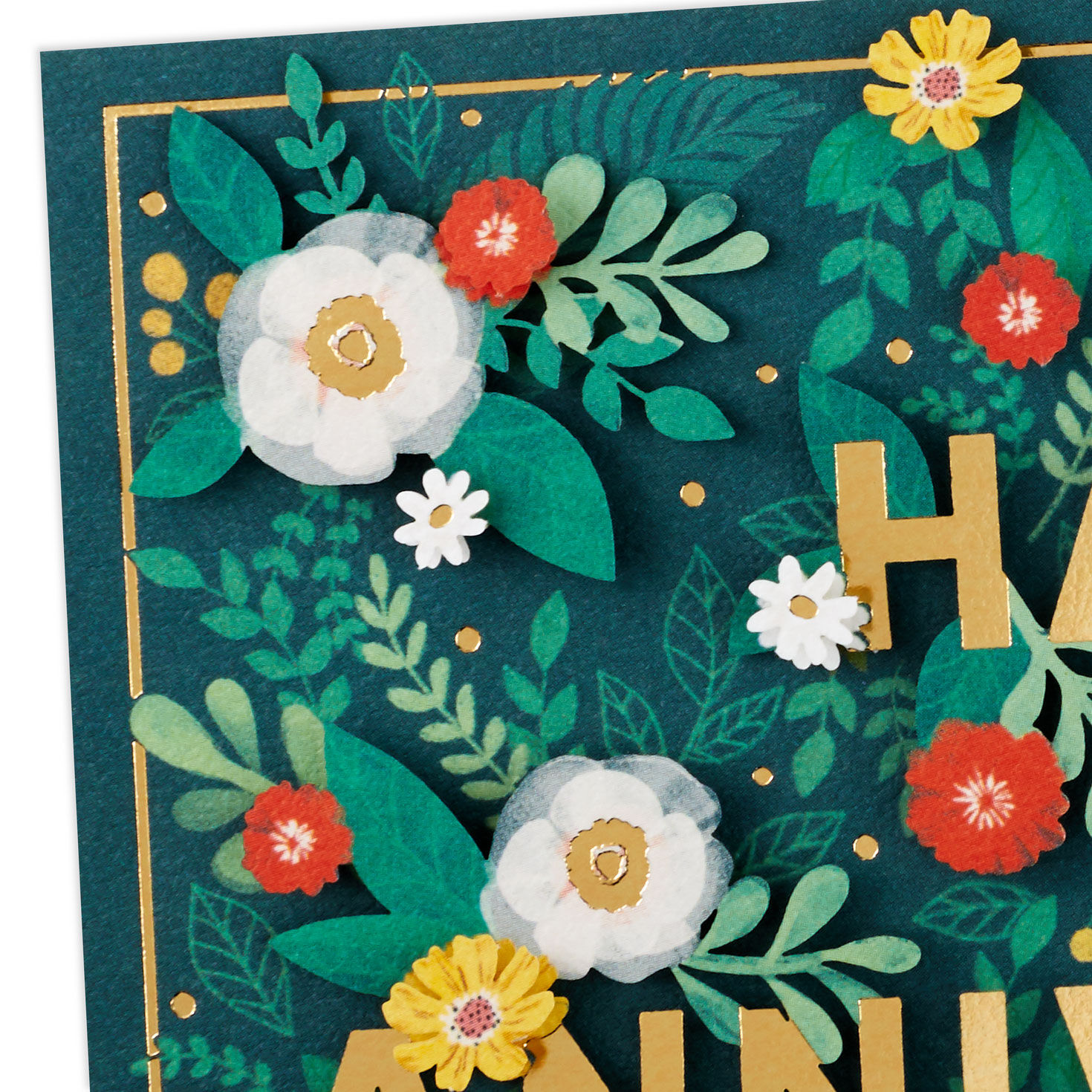 White, Yellow and Coral Blooms on Green Leaves Anniversary Card Card Front Detail image number 4