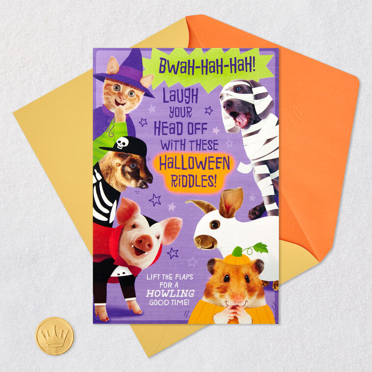 Cat Witch and Mummy Dog Riddles Halloween Card for Kids Card Front with Envelope and Gold Seal image number 7