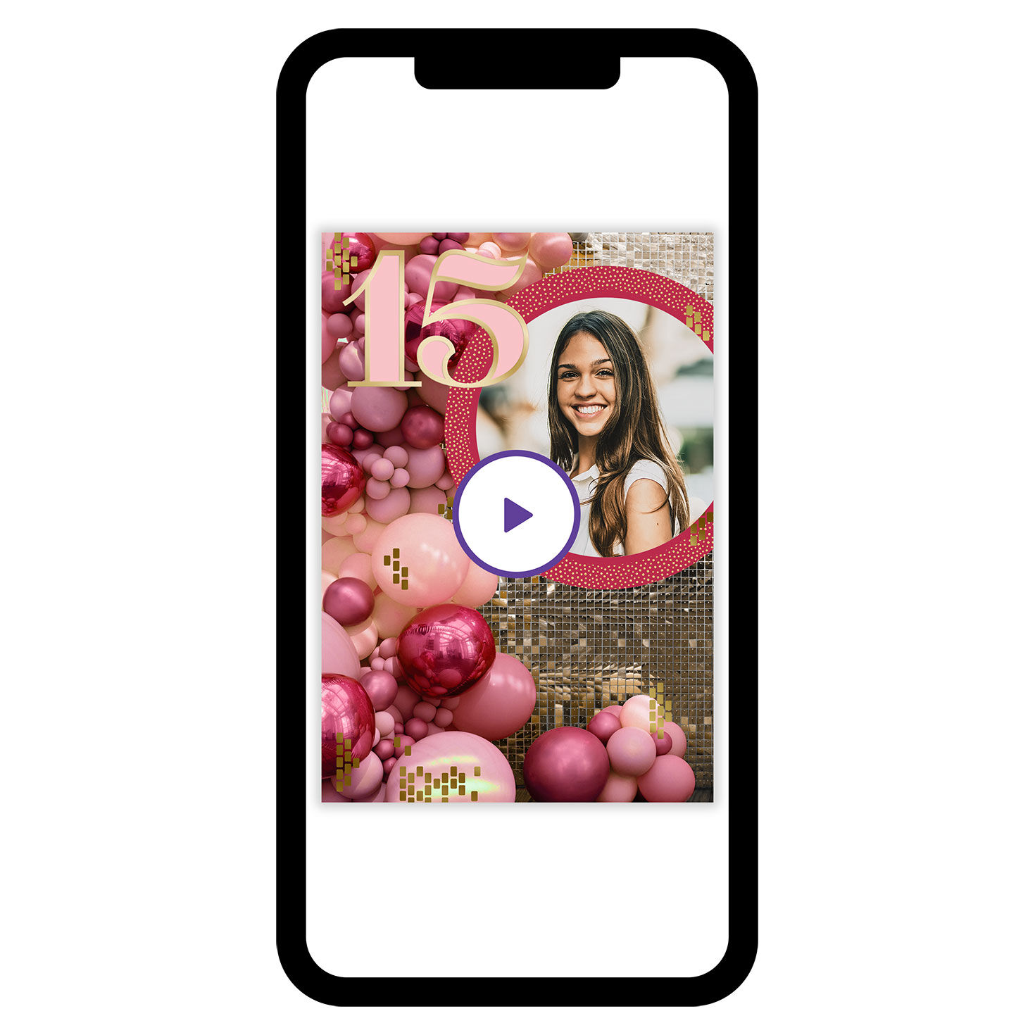 Sequins and Balloons Personalized Quincea&ntilde;era Card phone with card front image number 1