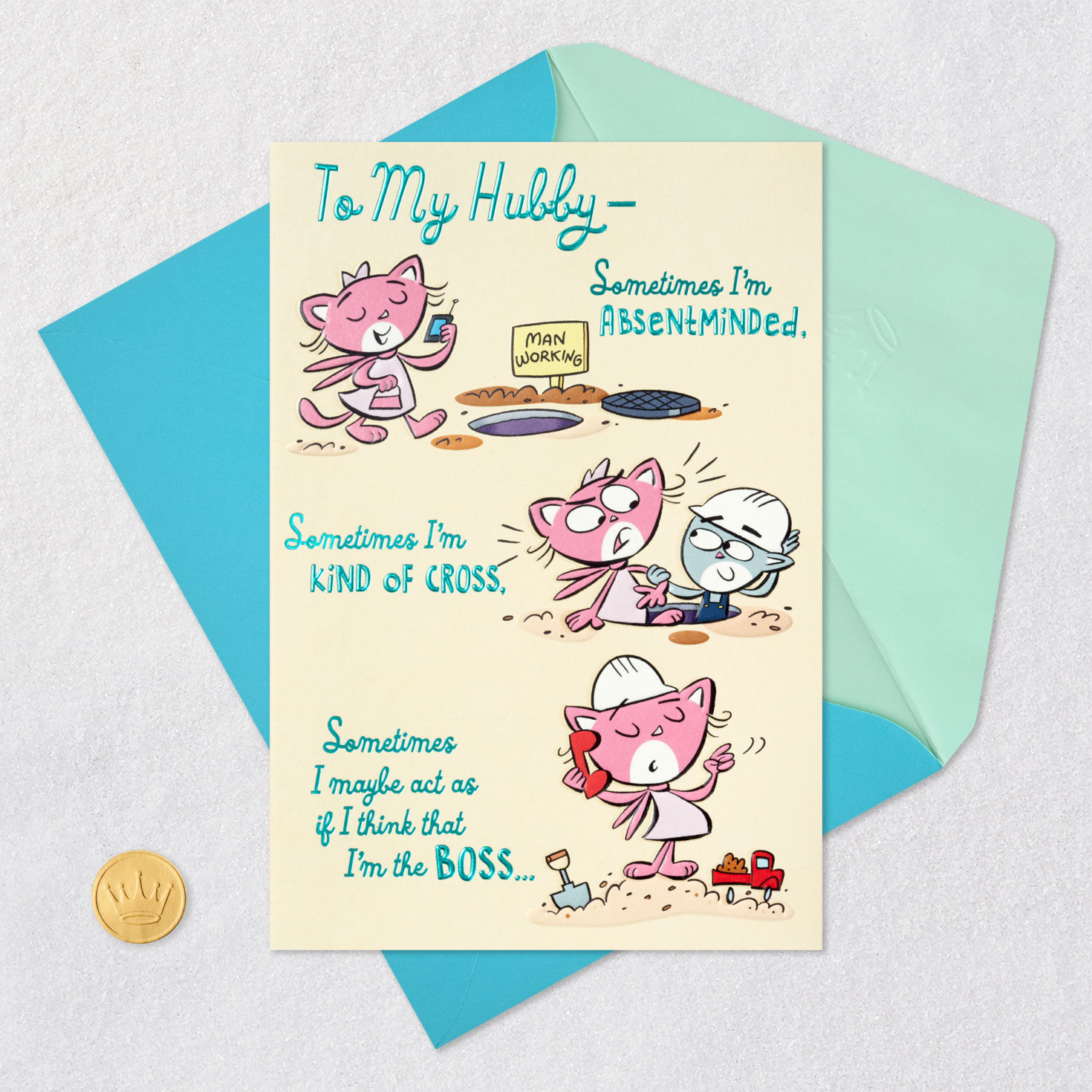 Cute Cat Couple Cartoon Birthday Card for Husband Open card with envelope image number 6