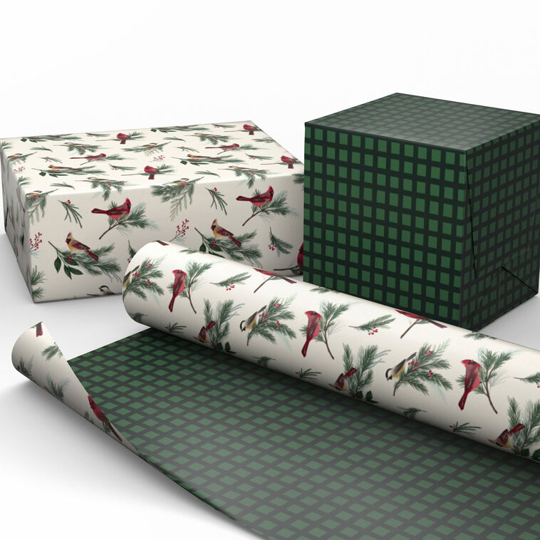 Cardinals/Green Check Reversible Holiday Gift Wrap Wrapped pkg image number 2