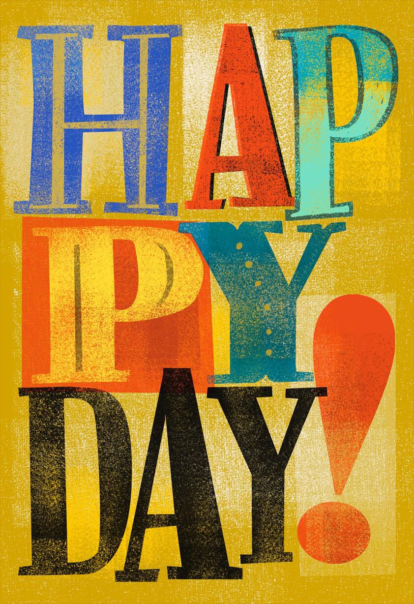 Bold Colorful Happy Lettering on Gold Birthday Card