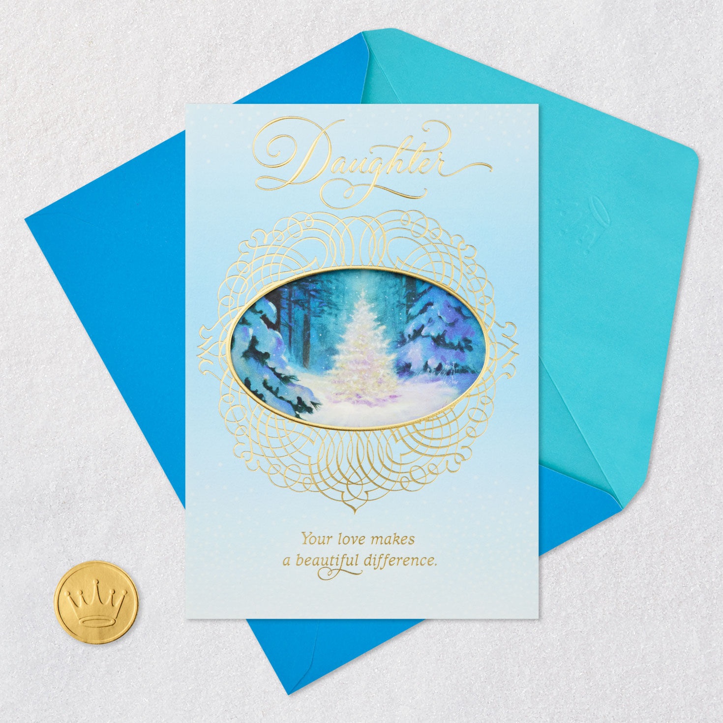 Gold Filigree Snowy Tree Christmas Card for Daughter Card Front with Envelope and Gold Seal image number 6