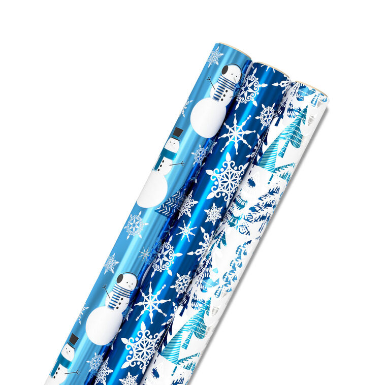 Snow Scenes Metallic 3-Pack Assorted Wrapping Paper Roll Bundle, 60 sq. ft. total