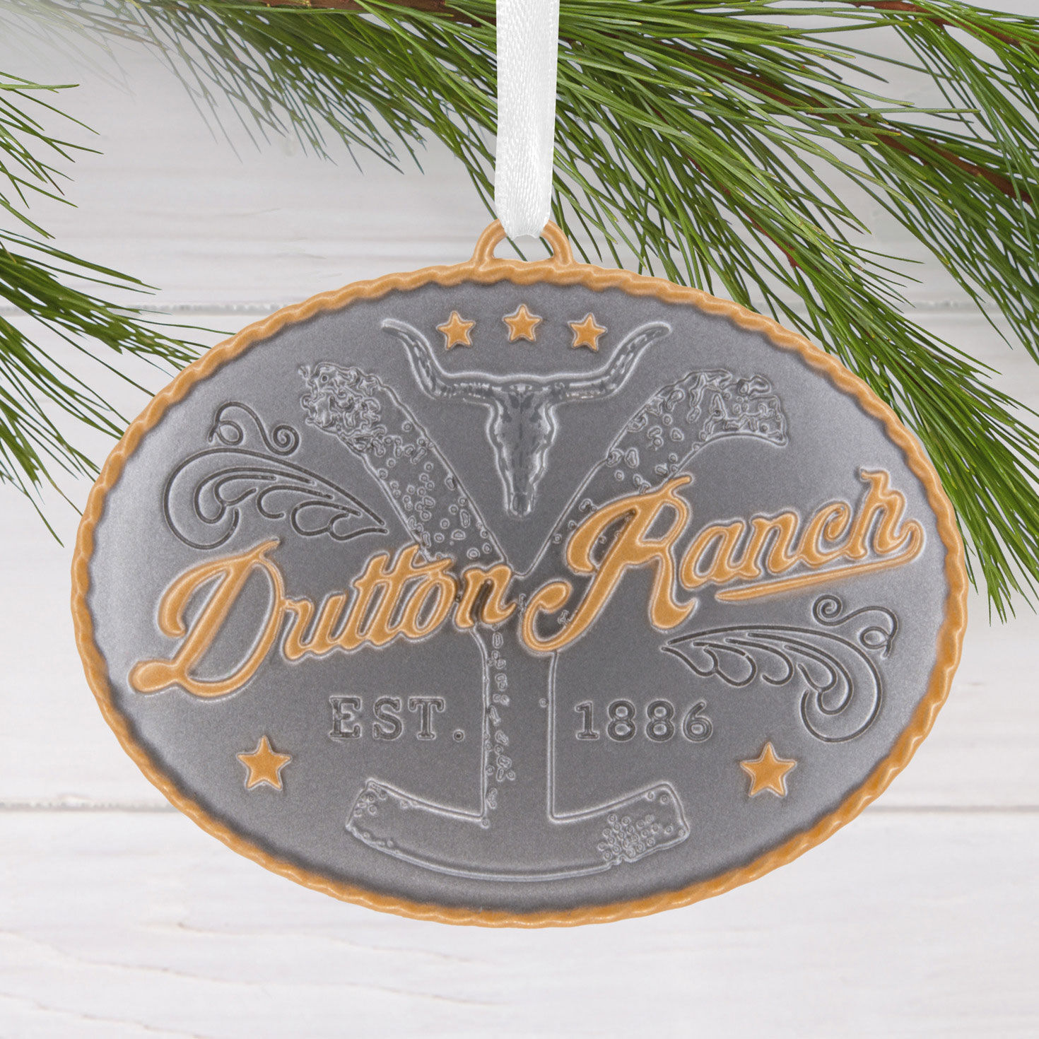Dutton Ranch Belt Buckle Christmas Ornament hanging on tree image number 2