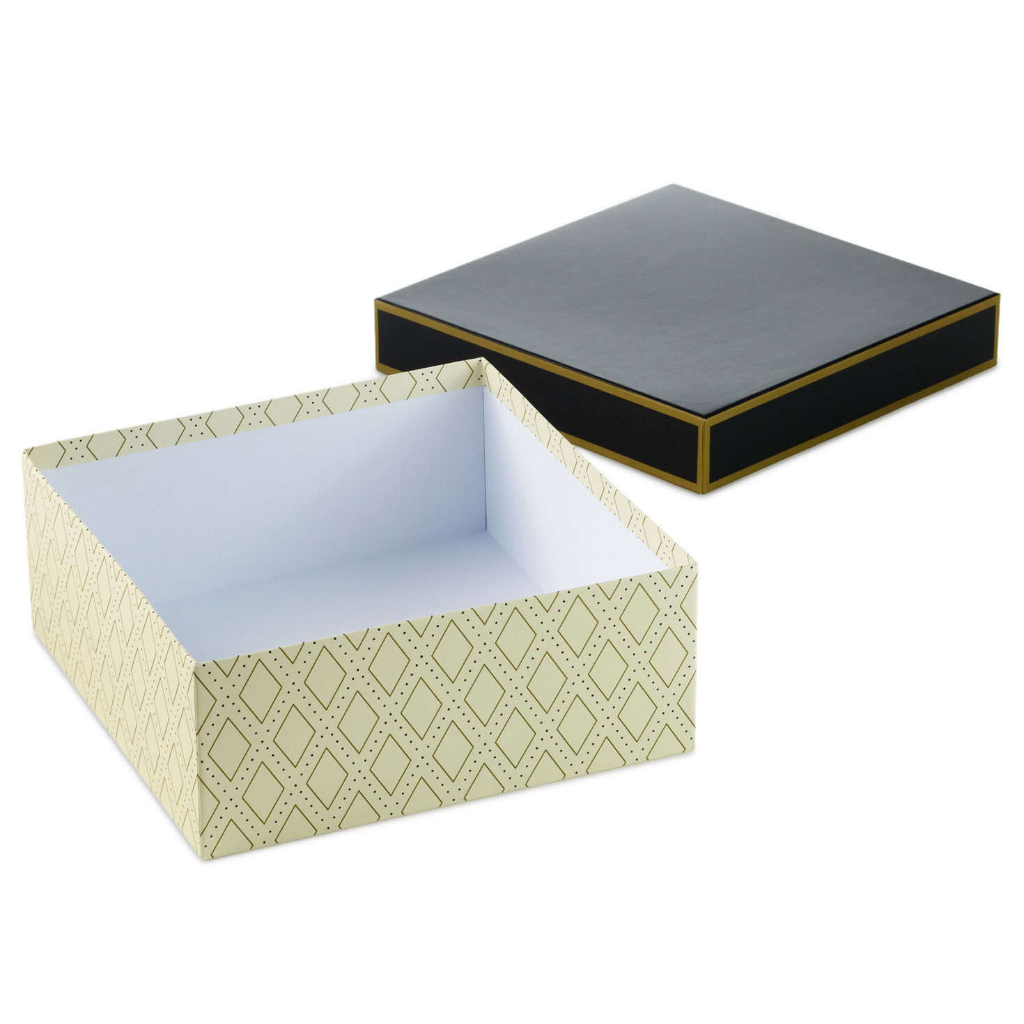 Large Square Gold and White Gift Box With Black Lid front lid off image number 4
