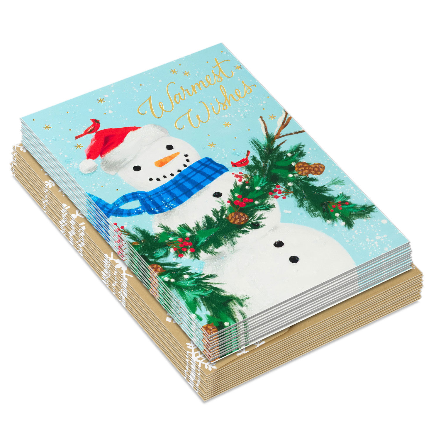 Smiling Snowman on Blue Boxed Christmas Cards front stacked image number 2