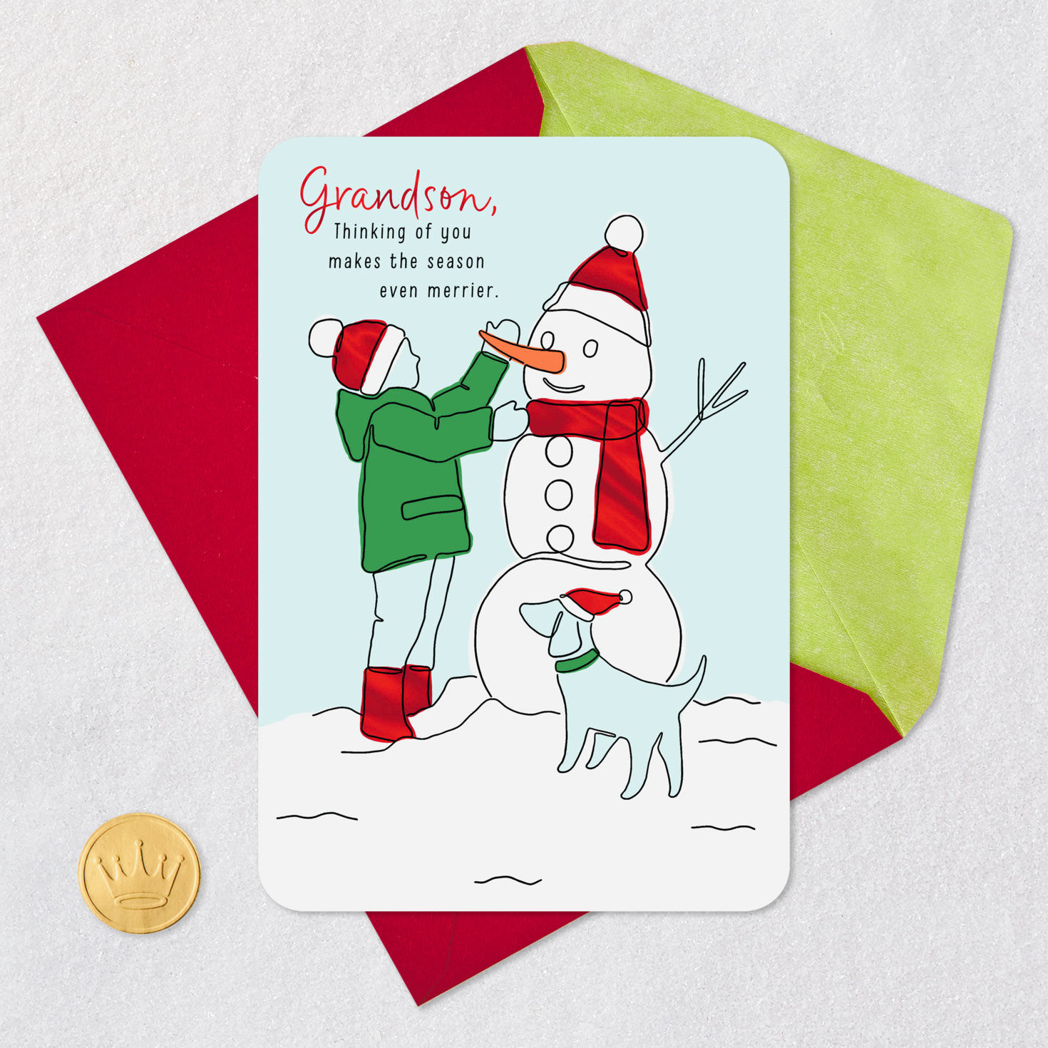 Boy and Snowman Christmas Card for Grandson Card Front with Envelope and Gold Seal image number 5