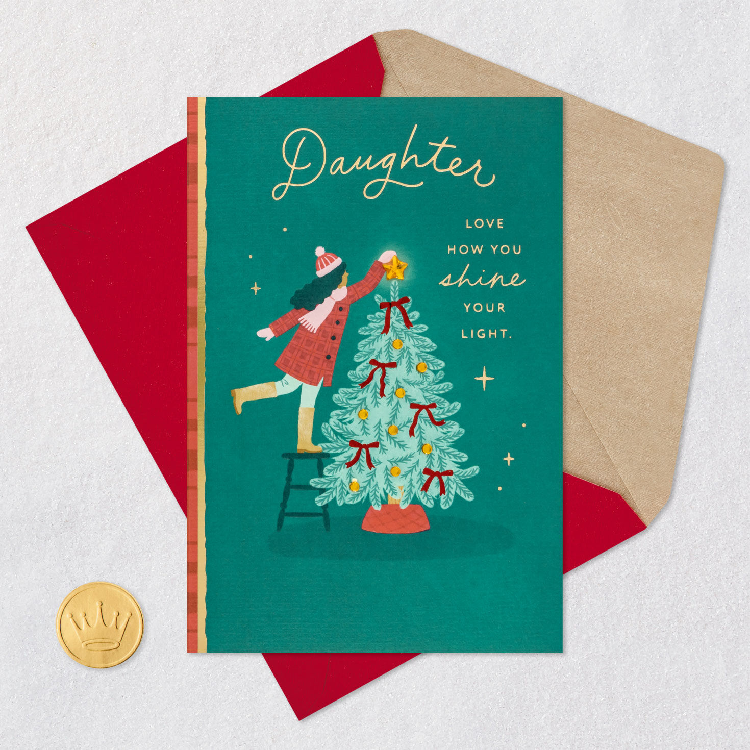 Girl Decorating Tree Christmas Card for Daughter Card Front with Envelope and Gold Seal image number 5