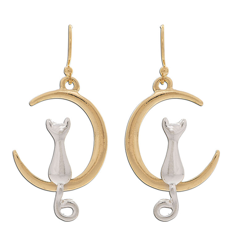 Rain Jewelry Cat in Crescent Moon Mixed Metal Earrings