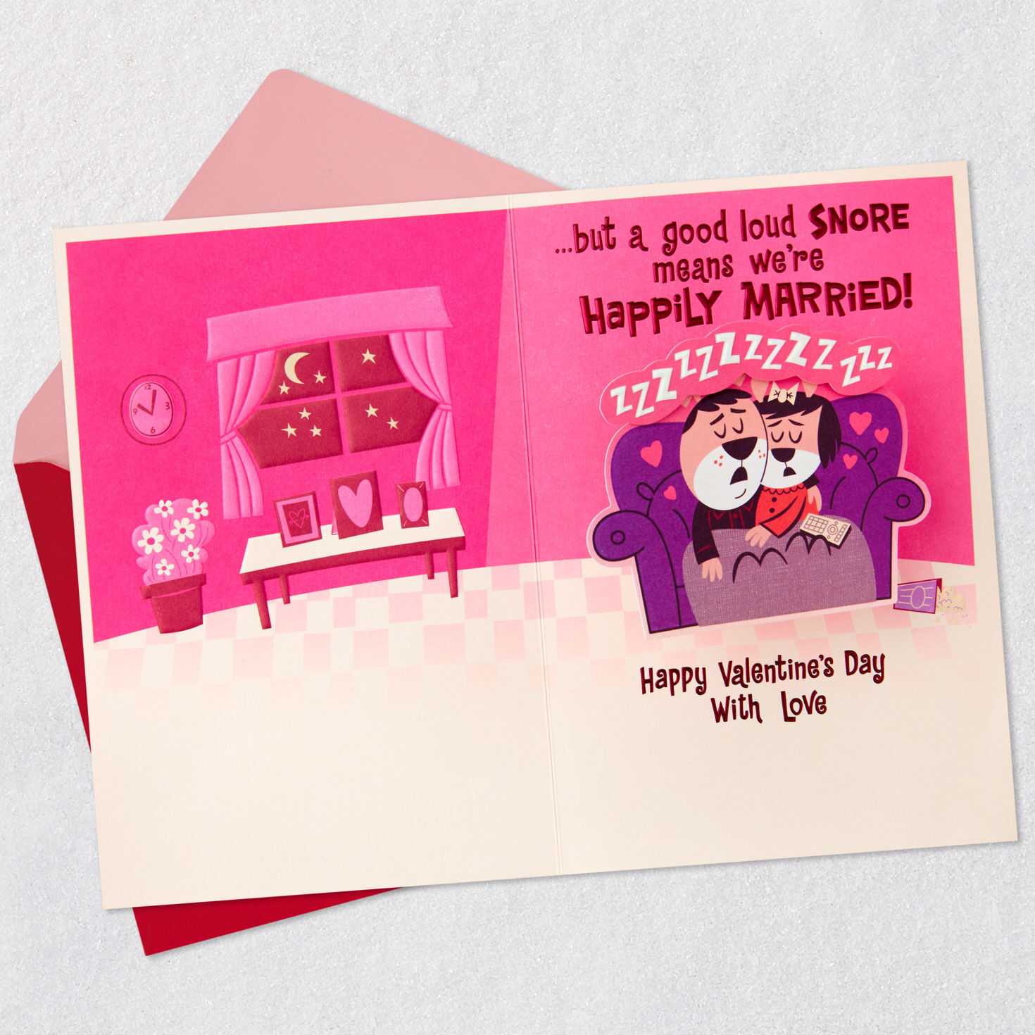 Couple Asleep on Couch Pop-Up Valentine's Day Card Open card with envelope image number 4