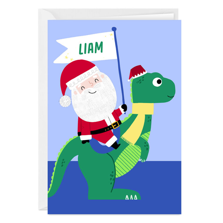 Santa and Dinosaur Custom Christmas Card for Kid