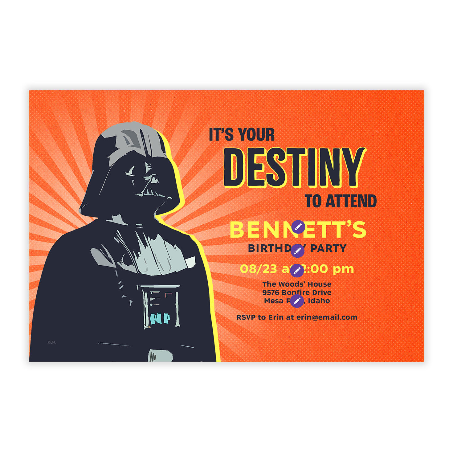 Darth Vader on Orange Personalized Party Invitation front image number 5