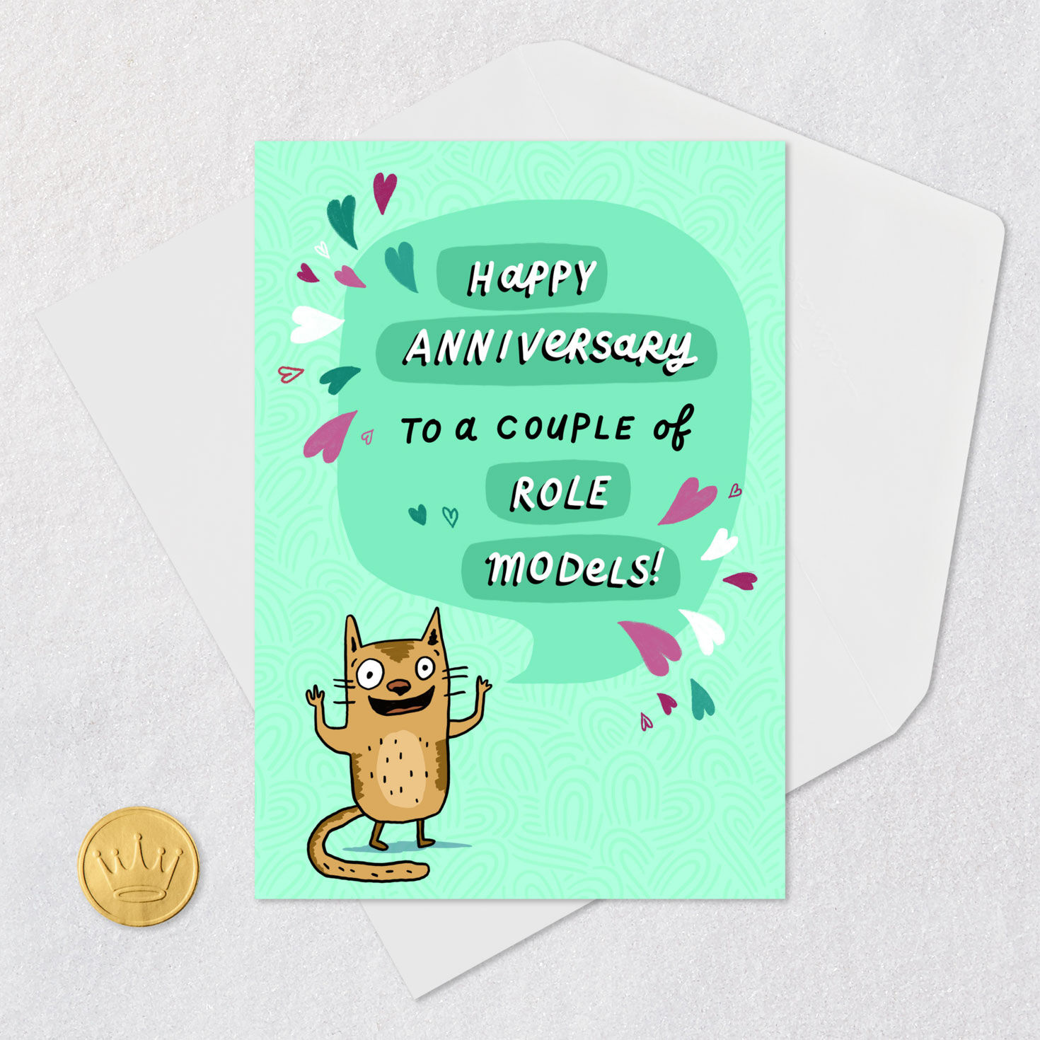 Critter and Hearts on Green Anniversary Card Card Front with Envelope and Gold Seal image number 5