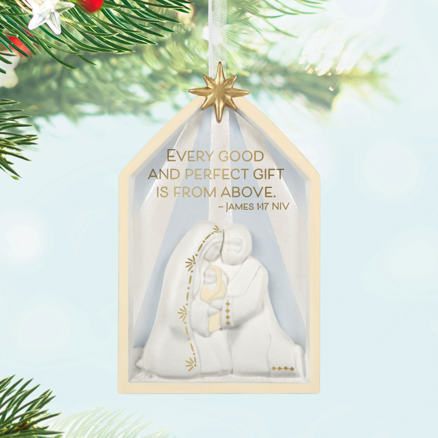 White and Gold Nativity Keepsake Ornament Hanging on tree image number 2