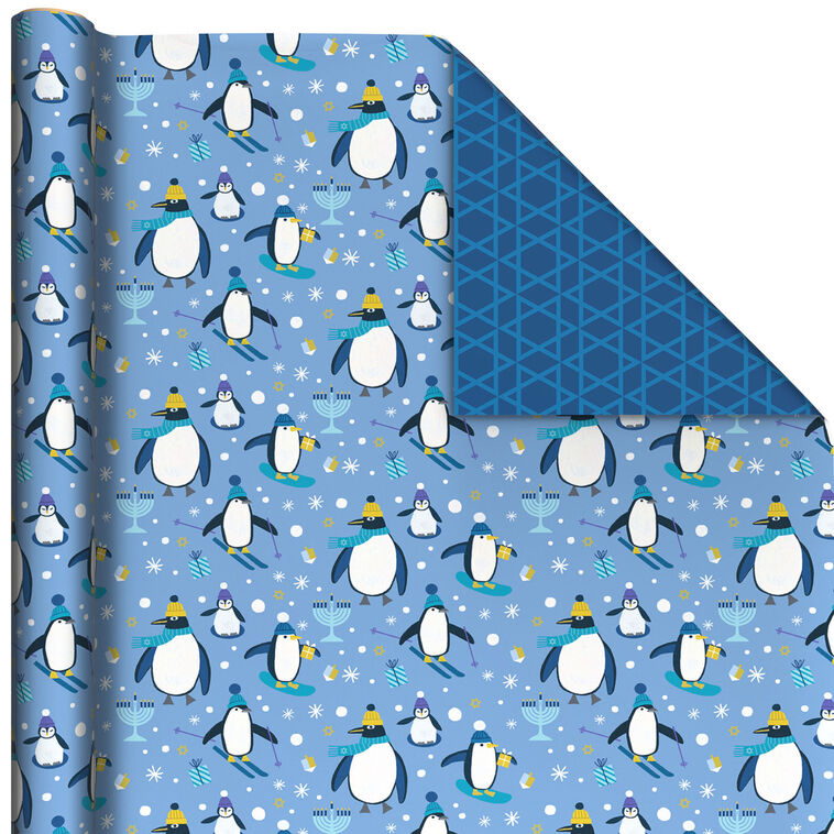 Skiing Penguins/Stars of David Hanukkah Reversible Wrapping Paper Roll, 30 sq. ft.
