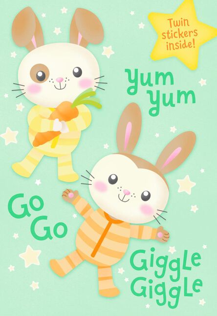 bunny rabbits 1st birthday card with stickers for twins greeting