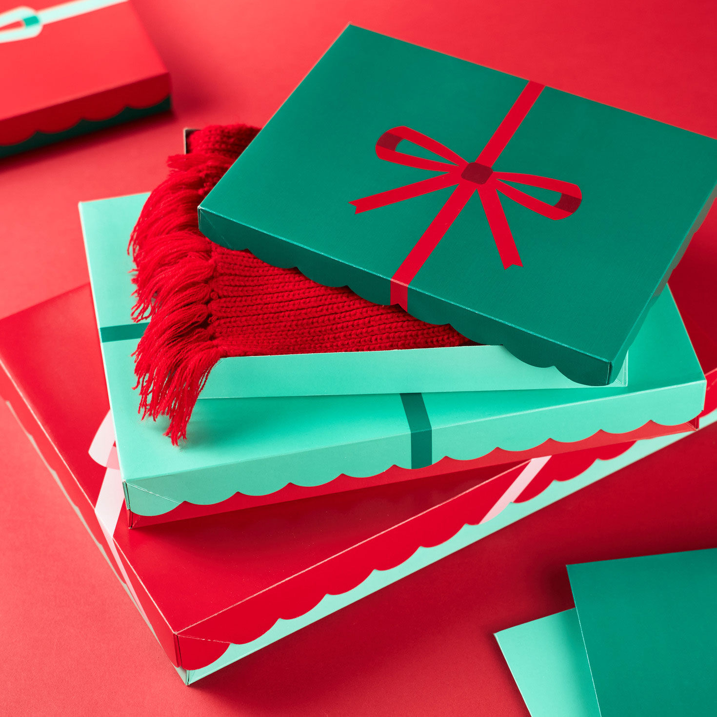 Scalloped Red and Green with Bows Holiday Gift Boxes in use image number 2