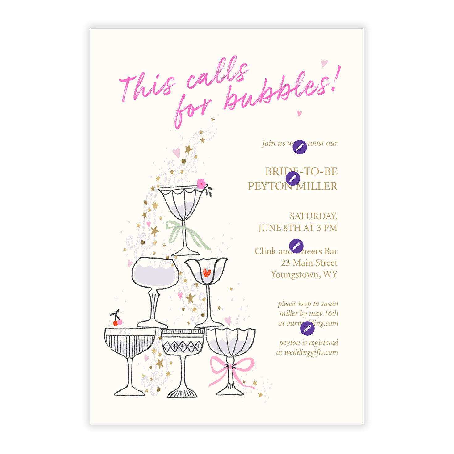 Champagne Glasses Personalized Shower Invitation Card Front indicating personalization image number 5