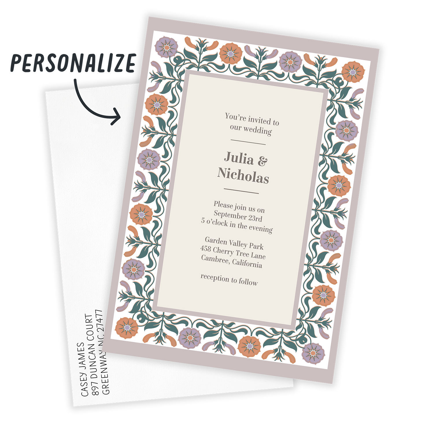 Floral Border Personalized Wedding Invitation Card Front indicating personalization image number 2