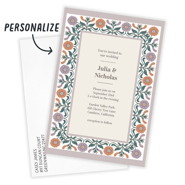 Floral Border Personalized Wedding Invitation Card Front indicating personalization image number 2