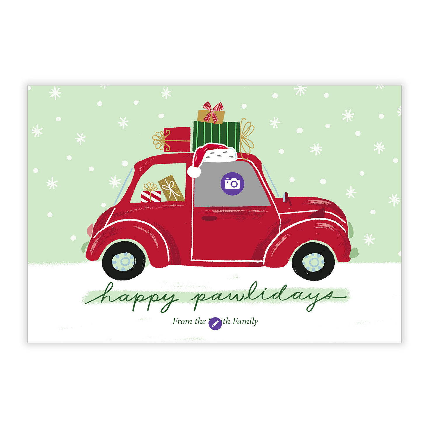 Dog in Red Car Personalized Holiday Photo Card Card Front indicating personalization image number 5