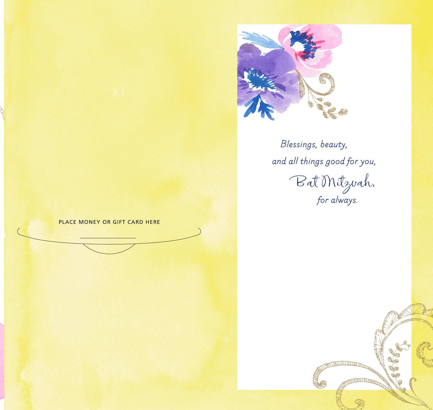 Watercolor Flowers Bat Mitzvah Money Holder Card for Relative