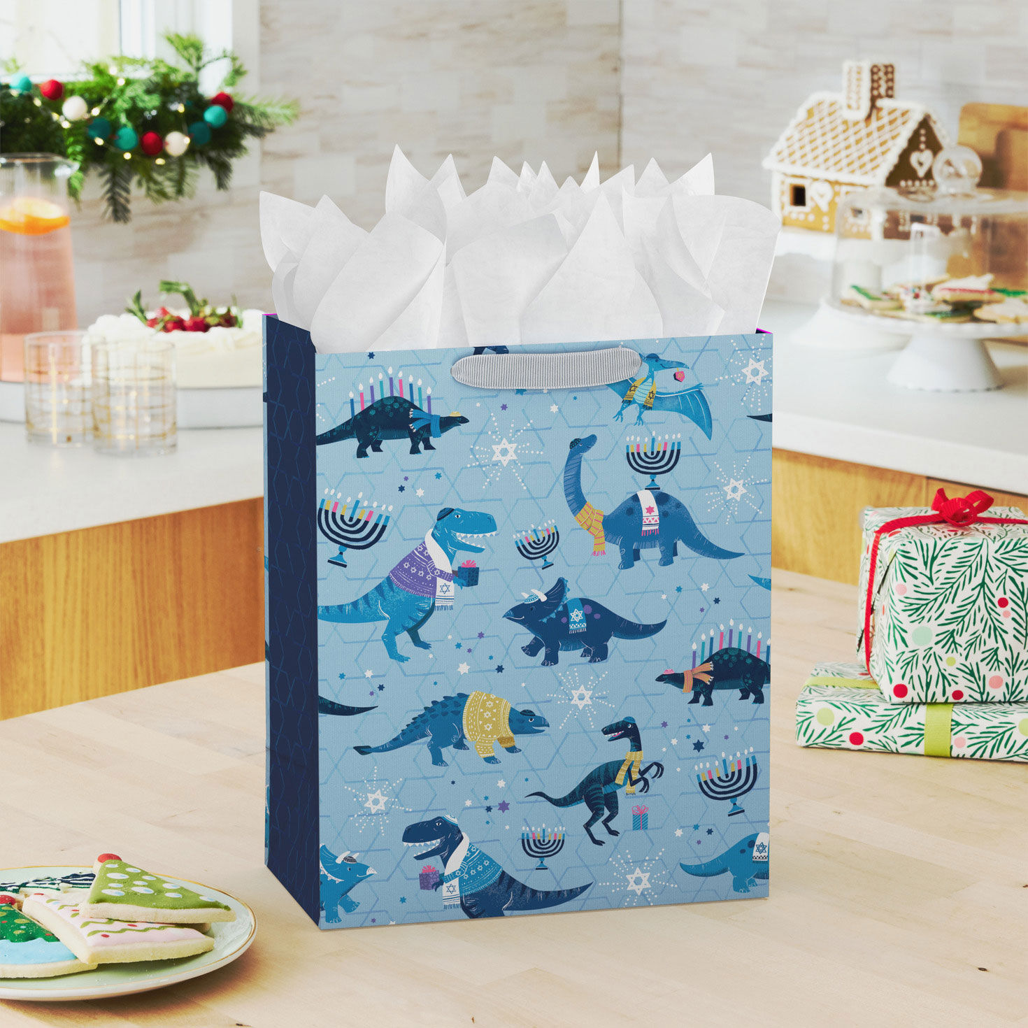 Dinos in Sweaters Large Holiday Gift Bag In use image number 2