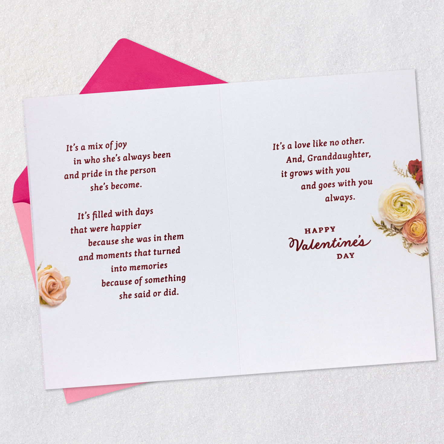 Heart and Flowers Granddaughter Valentine's Day Card Open card with envelope image number 4