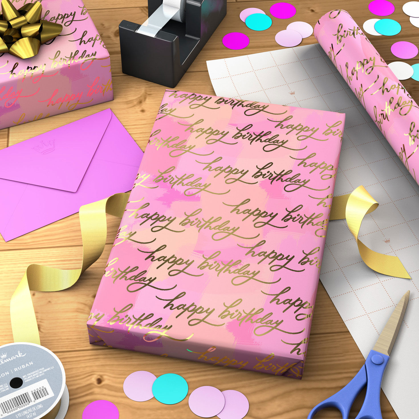 Pink and Gold Birthday Wrapping Paper for Her Wrapped package image number 3