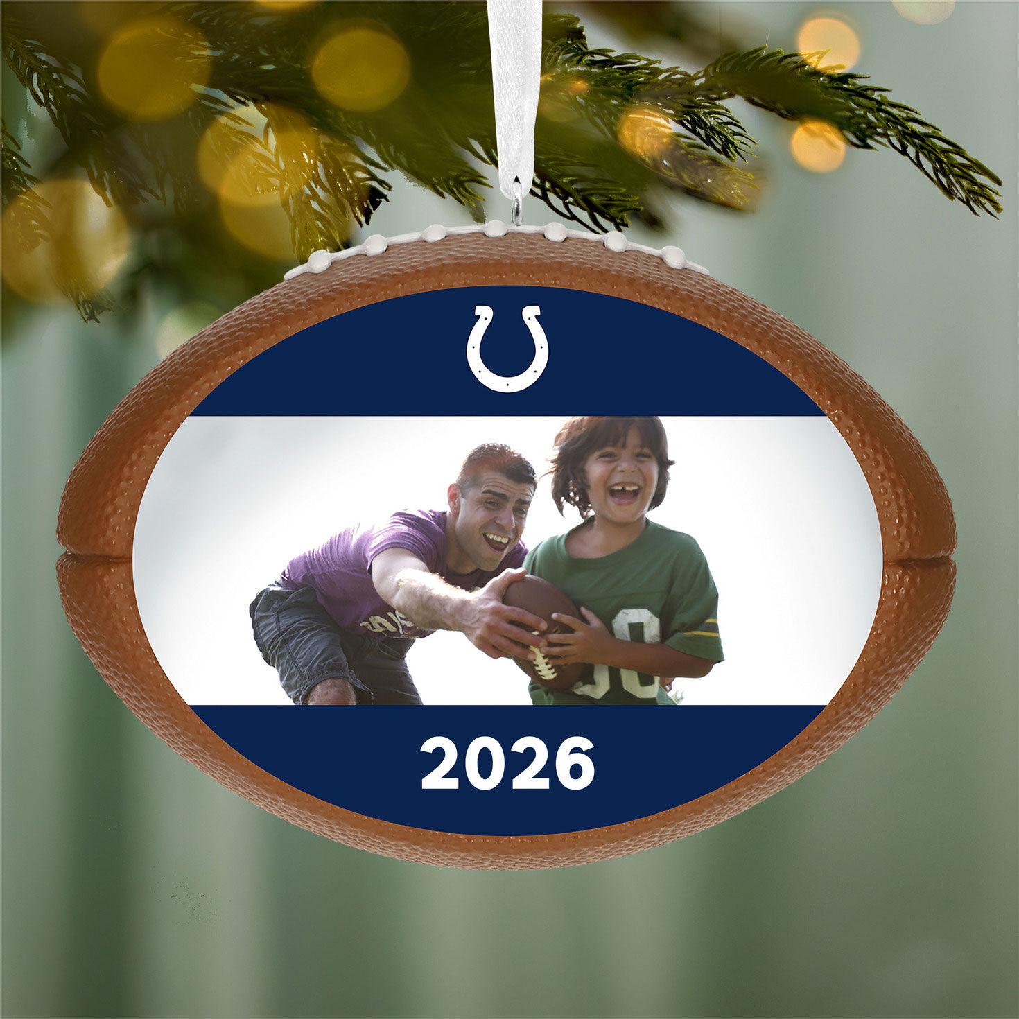 NFL Football Indianapolis Colts Text and Photo Personalized Ornament hanging on tree image number 2