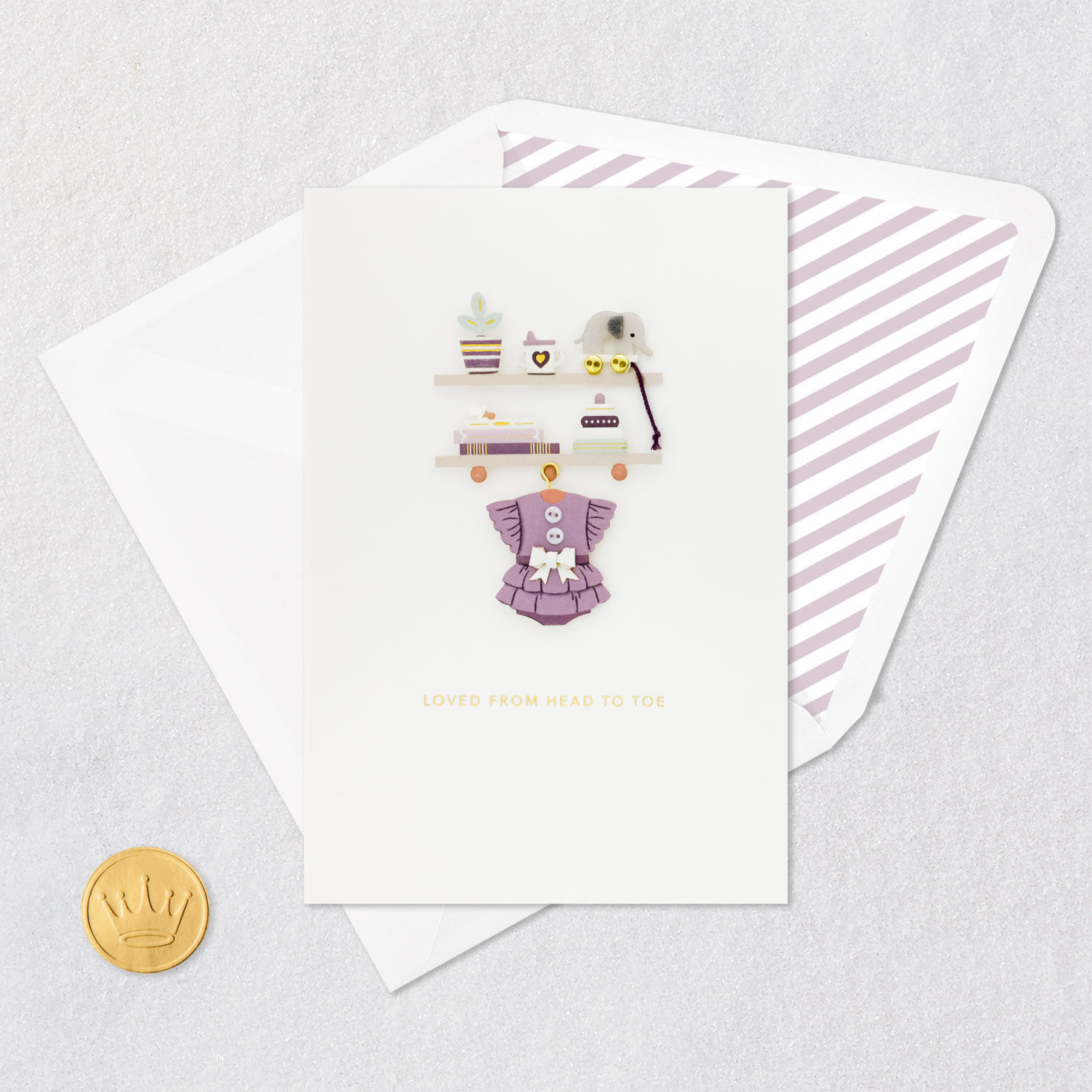 Purple Dress New Baby Congrats Card Card Front with Envelope and Gold Seal image number 5