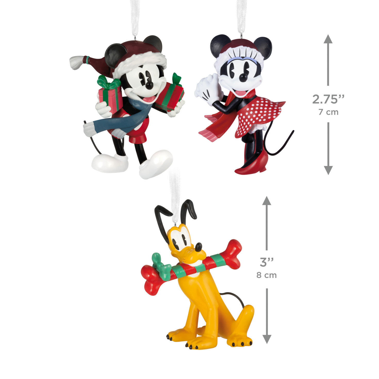 Mickey, Minnie, Pluto Christmas Set of 3 Ornaments measurement image number 3